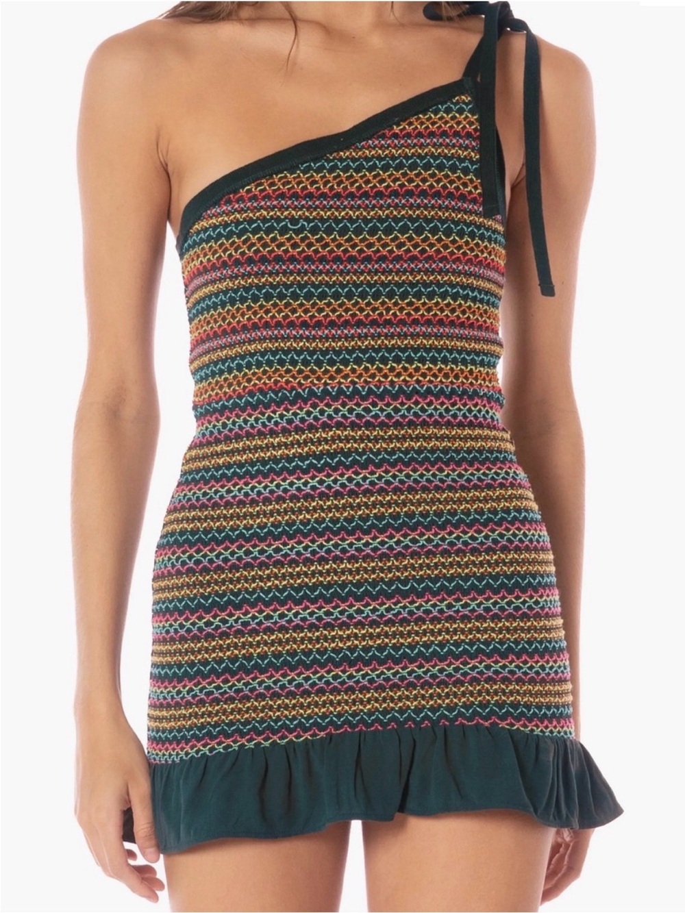 Maaji Verdant Breeze One-Shoulder Smocked Mini Dress Size Large New With Tags